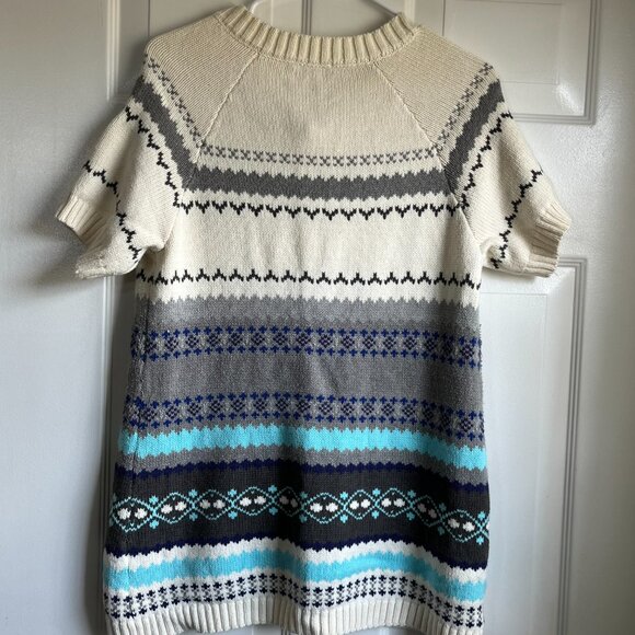 Charter Club Short Sleeve Nordic Print Button Front Sweater Cream Blue Petite M - Picture 4 of 6